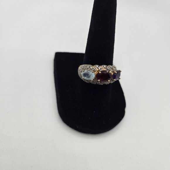 Gold Plated Sterling Silver Ring Sze 7 Amethyst Garnet Blue Topaz Diamond Accent - Picture 3 of 6